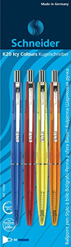 Schneider 73200 K20 Icy Colours Druckkugelschreiber (dokumentenechte Mine - Strichstärke M, Made,in Germany) 4er 4er Blisterkarte, sortiert, Schreibfarbe: blau von Schneider