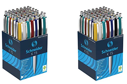 Schneider Kugelschreiber K15, Schreibfarbe blau, 100 Stück, Gehäusefarben rot, grün, weiß, blau, schwarz, gelb (2x 50 Stück)) von Schneider