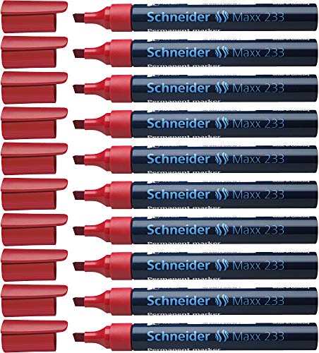 Schneider Maxx 233 Permanent-Marker mit Keilspitze (nachfüllbar, Cap-Off-Ink, Aluminiumschaft, 1 - 5 mm) 10er Packung rot von Schneider