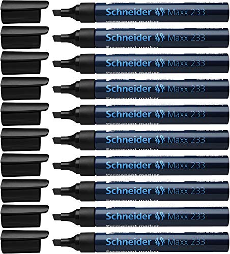 Schneider Maxx 233 Permanent-Marker mit Keilspitze (nachfüllbar, Cap-Off-Ink, Aluminiumschaft, 1 - 5 mm) 10er Packung schwarz von Schneider