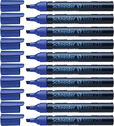 Schneider Maxx 233 Permanent-Marker mit Keilspitze (nachfüllbar, Cap-Off-Ink, Aluminiumschaft, 1 - 5 mm) 10er Packung blau von Schneider
