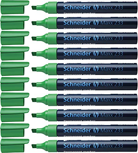 Schneider Maxx 233 Permanent-Marker mit Keilspitze (nachfüllbar, Cap-Off-Ink, Aluminiumschaft, 1 - 5 mm) 10er Packung grün von Schneider