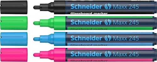 Schneider Maxx 245 Glasboardmarker / Whiteboard Marker (für Glasflächen, trocken abwischbar) 4er Etui schwarz, grün, blau, pink von Schneider