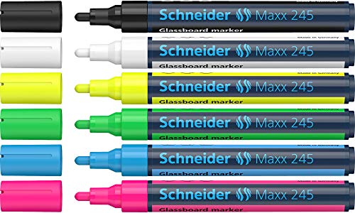 Schneider Maxx 245 Glasboardmarker / Whiteboard Marker (für Glasflächen, trocken abwischbar) 6er Etui schwarz, weiß, gelb, grün, blau, pink von Schneider