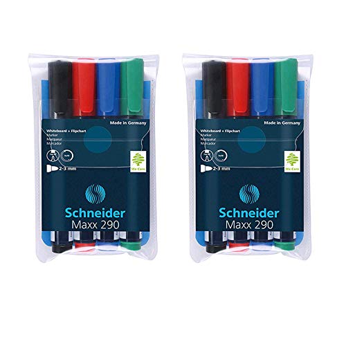 Schneider Maxx 290 Marker (für Whiteboards und Flipcharts, Rundspitze 2-3 mm Strichstärke) Etui mit 4 Farben (4er Marker Doppelpack) von Schneider