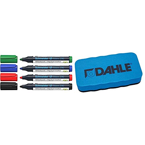 Schneider Maxx 290 Marker (für Whiteboards und Flipcharts, Rundspitze 2-3 mm Strichstärke, rückstandsfrei trocken abwischbar) Etui mit 4 Farben & Dahle Whiteboard Schwamm, blau von Schneider