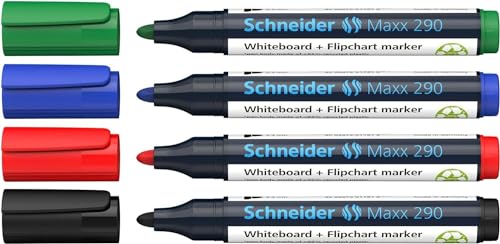 Schneider Maxx 290 Marker (für Whiteboards und Flipcharts, Rundspitze 2-3 mm Strichstärke, rückstandsfrei trocken abwischbar, hohe Qualität, kräftig und farbintensiv) Etui mit 4 Farben von Schneider