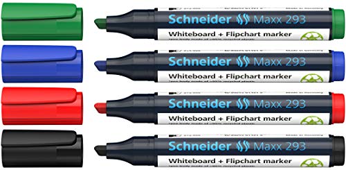 Schneider Maxx 293 Marker (für Whiteboards und Flipcharts, Keilspitze 2 + 5 mm Strichstärke, rückstandsfrei trocken abwischbar, hohe Qualität, kräftig und farbintensiv) Etui mit 4 Farben von Schneider