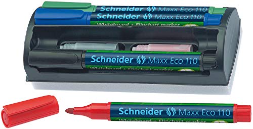 Schneider Maxx Eco 110 4in1 Whiteboard Marker Set (Stiftehalterung, Schwamm, 4 Marker, Nachfüllpatronen) schwarz, rot, blau, grün von Schneider