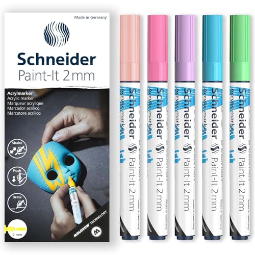 Schneider Paint-It 310 Acryl-Marker-Set, Rundspitze, 2 mm Rundspitze, hohe Deckkraft, Aprikose, Pastellrosa, Pastellviolett, Pastellblau & Pastellgrüne Tinte, Geschenkbox mit 5 Stiften Schneider Paint-It 310 Acryl-Marker-Set, Rundspitze, 2 mm Rundspitze, hohe Deckkraft, Aprikose, Pastellrosa, Pastellviolett, Pastellblau & Pastellgrüne Tinte, Geschenkbox mit 5 Stiften von Schneider