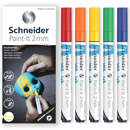 Schneider Paint-It 310 Acryl-Marker-Set, Rundspitze, 2 mm Rundspitze, hohe Deckkraft, rot, orange, gelb, grün und blau, Geschenkbox, 5 Stück Schneider Paint-It 310 Acryl-Marker-Set, Rundspitze, 2 mm Rundspitze, hohe Deckkraft, rot, orange, gelb, grün und blau, Geschenkbox, 5 Stück von Schneider