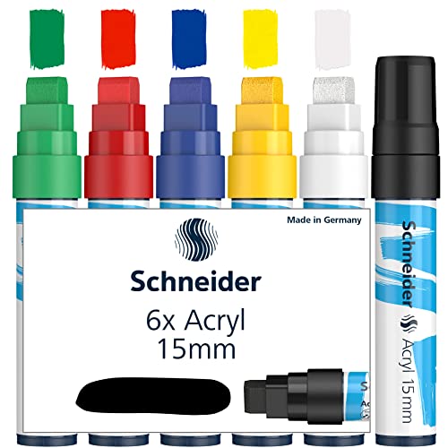 Schneider Paint-It Acrylstifte (Set 1 mit 15 mm Strichbreite, hochdeckende Acrylfarben für Holz, Leinwand, Stein uvm.) 6 Stück, sortiert von Schneider