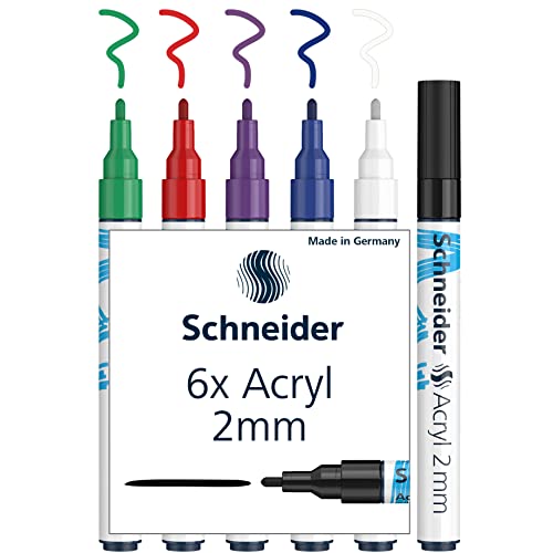 Schneider Paint-It Acrylstifte (Set 1 mit 2 mm Rundspitze, hochdeckende Acrylfarben für Holz, Leinwand, Stein uvm.) 6 Stück, sortiert, 2mm Strichbreite von Schneider