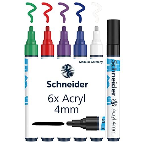 Schneider Paint-It Acrylstifte (Set 1 mit 4 mm Rundspitze, hochdeckende Acrylfarben für Holz, Leinwand, Stein uvm.) 6 Stück, sortiert, 4mm Strichbreite von Schneider