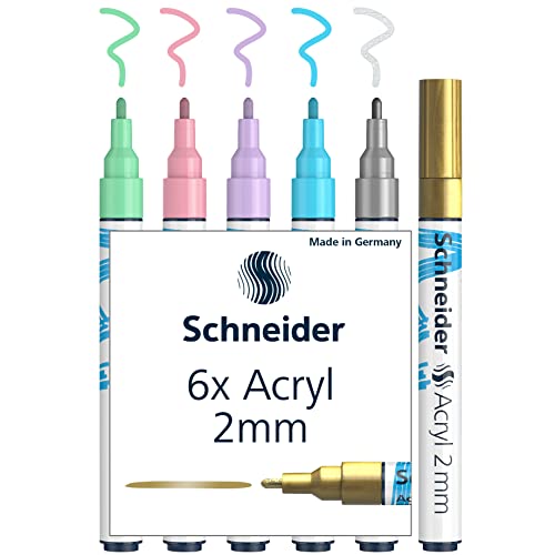 Schneider Paint-It Acrylstifte (Set 2 mit 2 mm Rundspitze, hochdeckende Acrylfarben für Holz, Leinwand, Stein uvm.) 6 Stück, sortiert, 2mm Strichbreite von Schneider