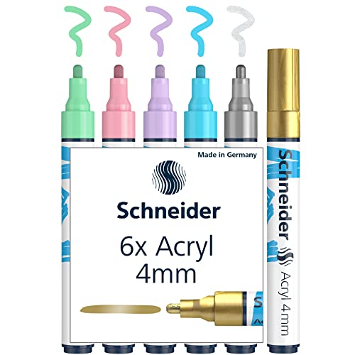 Schneider Paint-It Acrylstifte (Set 2 mit 4 mm Rundspitze, hochdeckende Acrylfarben für Holz, Leinwand, Stein uvm.) 6 Stück von Schneider