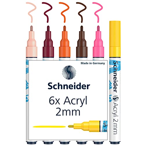 Schneider Paint-It Acrylstifte (Set 3 mit 2 mm Rundspitze, hochdeckende Acrylfarben für Holz, Leinwand, Stein uvm.) 6 Stück, sortiert, 2mm Strichbreite von Schneider