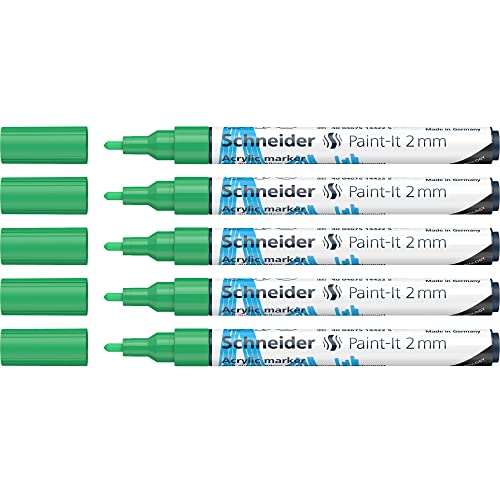 Schneider 120104 Paint-It Acrylstifte (mit 2 mm Rundspitze, hochdeckende Acrylfarben für Holz, Leinwand, Stein uvm.) 5er Pack, grün von Schneider
