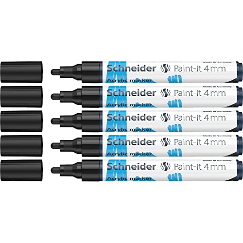 Schneider 120201 Paint-It Acrylstifte (mit 4 mm Rundspitze, hochdeckende Acrylfarben für Holz, Leinwand, Stein uvm.) 5er Pack, schwarz von Schneider