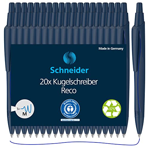 Schneider Reco Kugelschreiber (Aus recyceltem Kunststoff, ausgezeichnet mit "Der blaue Engel", Schreibfarbe: Blau) blau, 20er Pack von Schneider