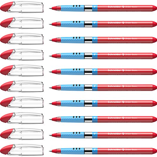 Schneider 151002 Slider Basic Kugelschreiber (Kappenmodell mit Soft-Grip-Zone und der Strichstärke F=Feinstrich) 10er Pack, rot von Schneider
