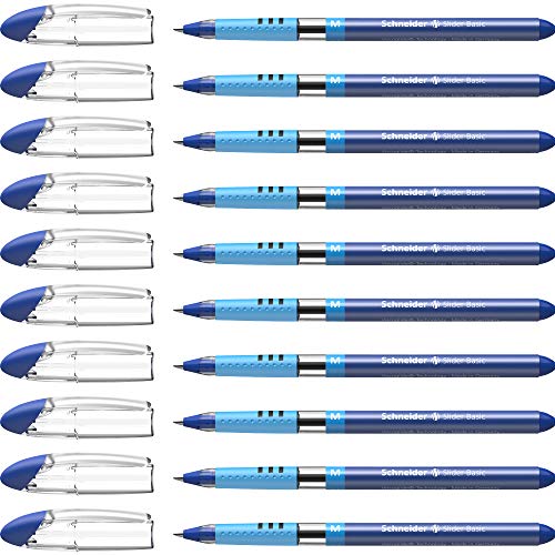 Schneider 151103 Slider Basic Kugelschreiber (Kappenmodell mit Soft-Grip-Zone, Strichstärke M) 10er Pack, blau von Schneider