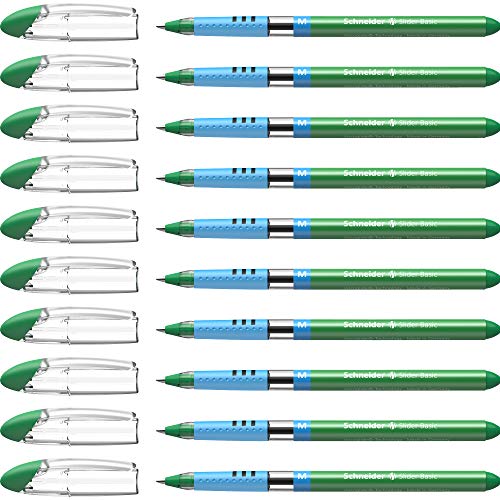 Schneider 151104 Slider Basic Kugelschreiber (Kappenmodell mit Soft-Grip-Zone und der Strichstärke M=Mittelstrich) 10er Packung, grün von Schneider