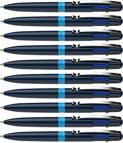 Schneider 138003 Take 4 Kugelschreiber mehrfarbig (4 Farben, Minen wechselbar, recycelter Kunststoff) dunkelblau-hellblau, 10 Stück von Schneider