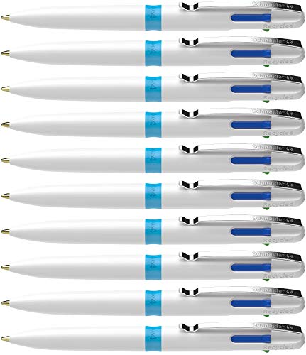 Schneider 138049 Take 4 Kugelschreiber mehrfarbig (4 Farben, Minen wechselbar, recycelter Kunststoff) weiß-hellblau, 10 Stück von Schneider