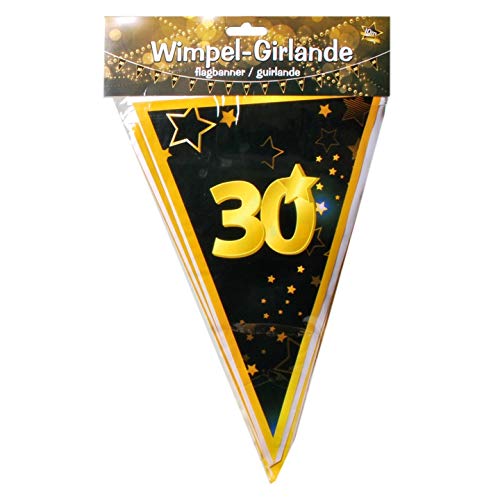 Schnooridoo 30. Geburtstag Party Zubehör 12 Sorten Konfetti Luftschlangen Ballons Banner Servietten (Wimpel-Girlande "30", schwarz/gold, 10m) von Schnooridoo