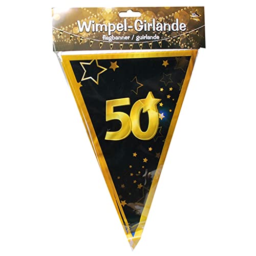 Schnooridoo 50. Geburtstag Party Zubehör 37 Sorten Konfetti Luftschlangen Ballons Banner Servietten (Wimpel-Girlande 50", schwarz/Gold, 10m) von Schnooridoo