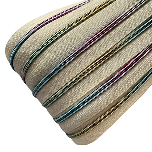 Schnoschi 6 m creme 5mm endlos Reißverschluss mit Regenbogeneffekt 5 mm Laufschiene + 15 Zipper, Spiralreißverschluss von Schnoschi
