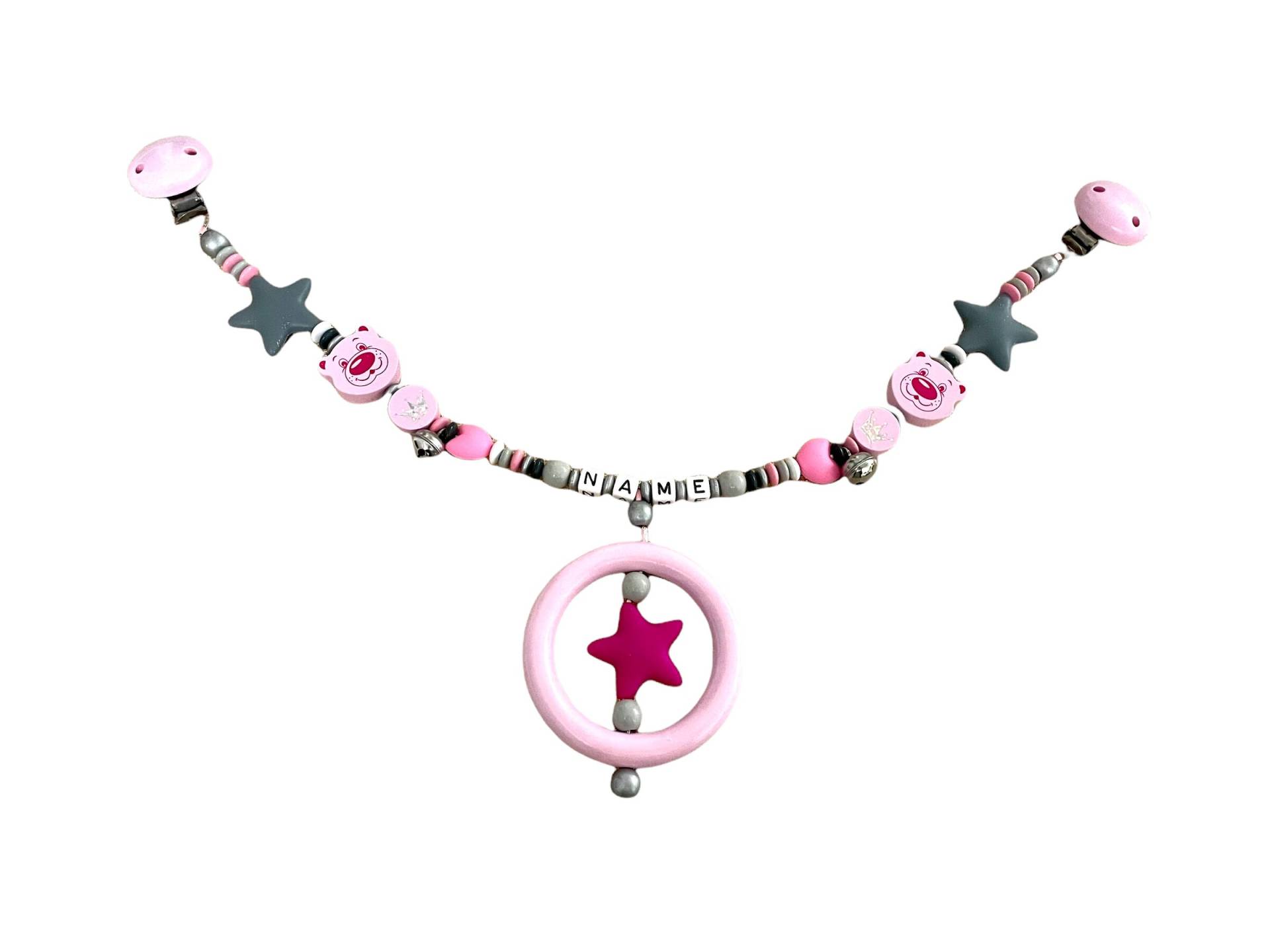 Kinderwagenkette Mit Silikonsternen, Glöckchen Und Bärchen, Personalisierbar Dem Name Kinderwagenkette Mit Silikonsternen, Glöckchen Und Bärchen, Personalisierbar Dem Name von Schnullergeschenke