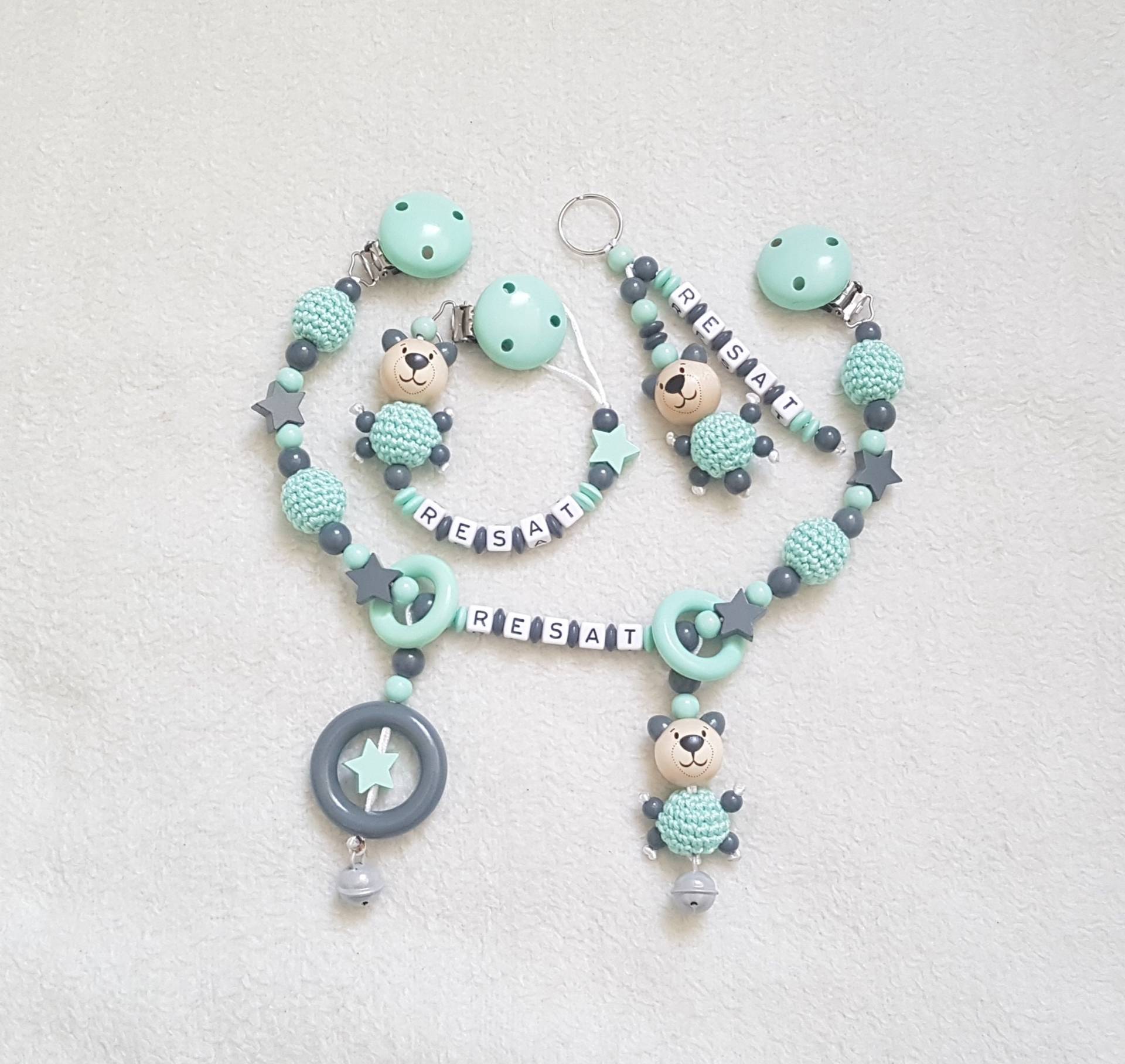 Personalisiert Setsparpreis Kinderwagenkette Bärchen | Schnullerkette Schlüsselanhänger Mint/Grau Babygeschenke Personalisiert Setsparpreis Kinderwagenkette Bärchen | Schnullerkette Schlüsselanhänger Mint/Grau Babygeschenke von SchnullerkettenHaSi