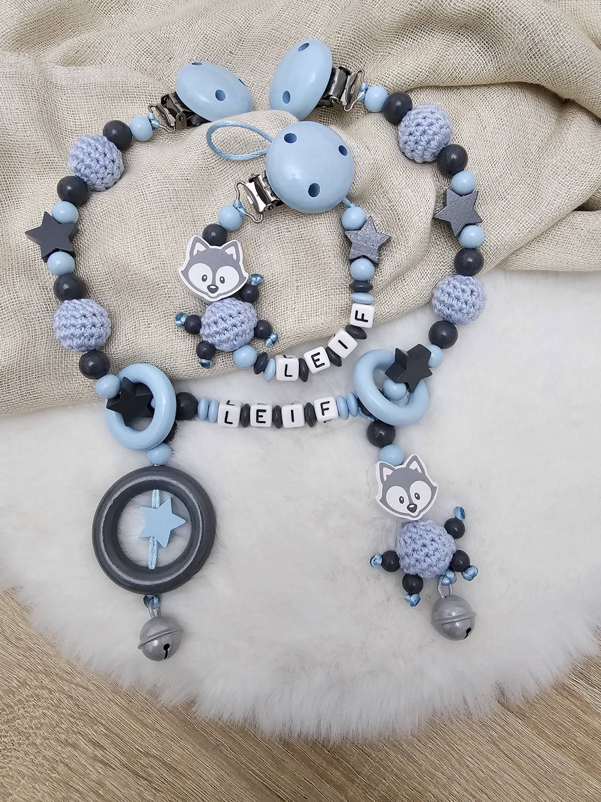 Schnullerkett Fuchs Mit Namen, Kinderwagenkette Grau/Blau Personalisiert Schnullerkett Fuchs Mit Namen, Kinderwagenkette Grau/Blau Personalisiert von SchnullerkettenHaSi