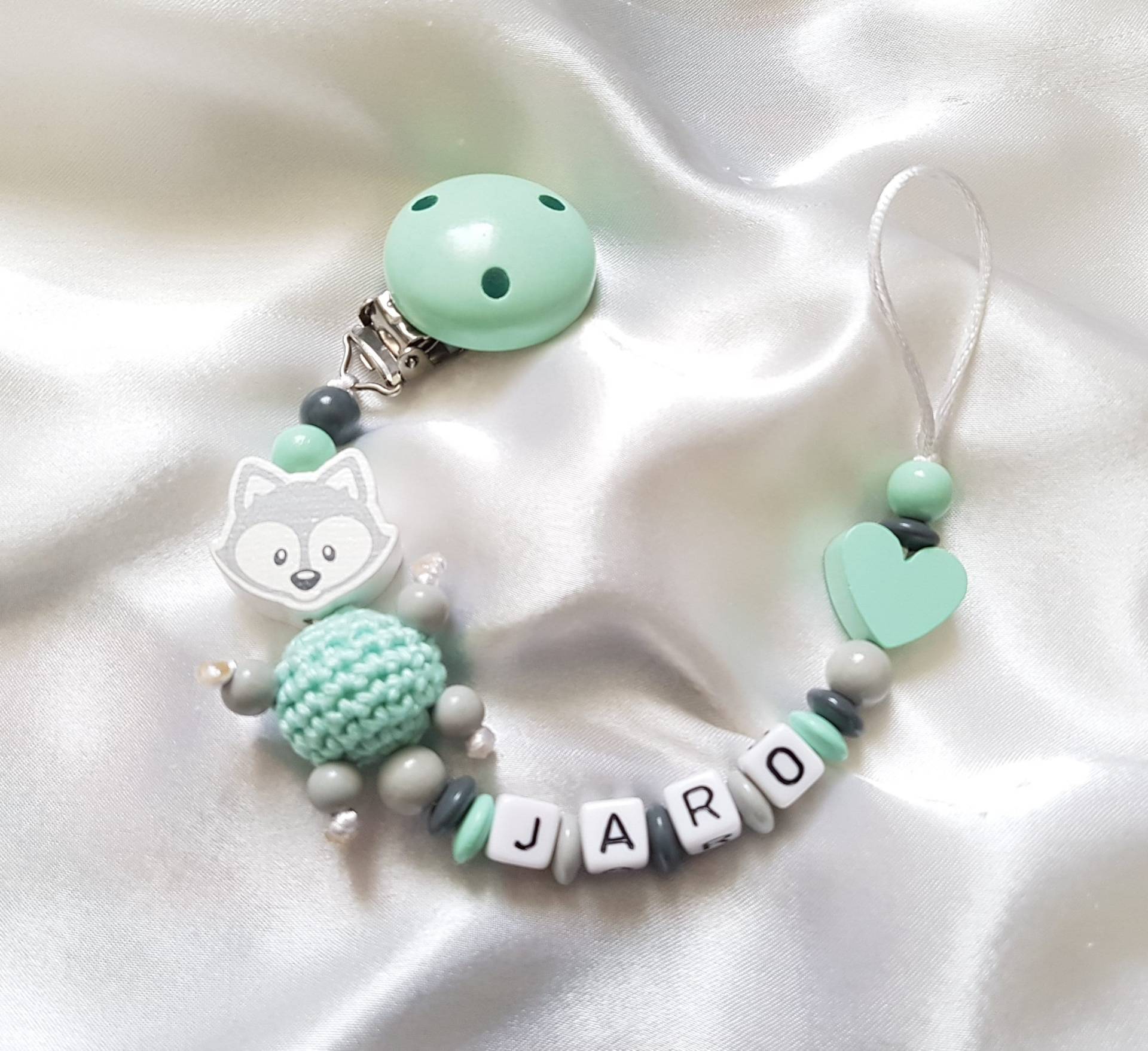 Schnullerkette Fuchs, Mint/Grau, Herz, Personalisiertes Geschenk, Nuggikette, Schnullerband Schnullerkette Fuchs, Mint/Grau, Herz, Personalisiertes Geschenk, Nuggikette, Schnullerband von SchnullerkettenHaSi