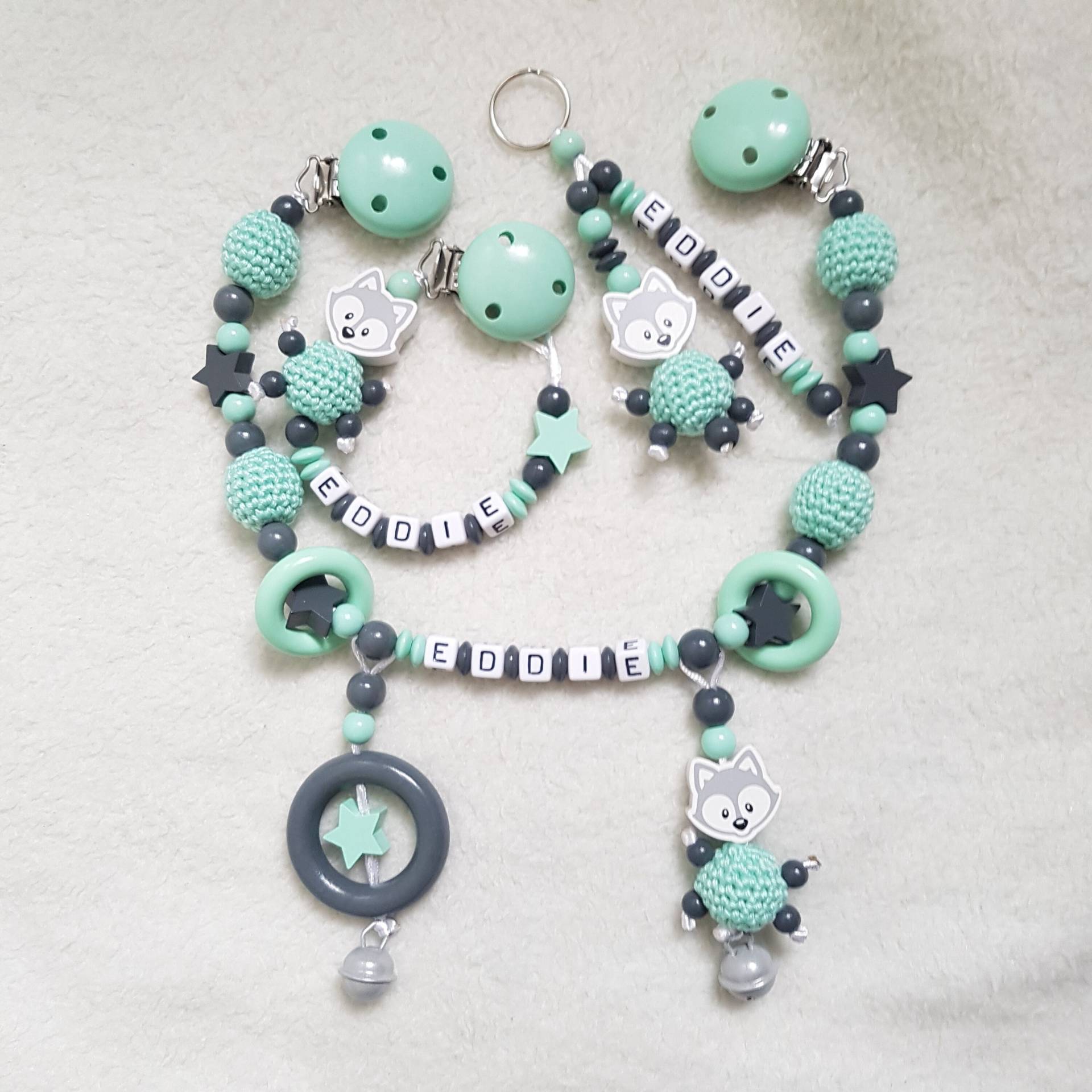 Schnullerkette Kinderwagenkette Schlüsselanhänger Fuchs Mit Namen Grau/Mint Schnullerkette Kinderwagenkette Schlüsselanhänger Fuchs Mit Namen Grau/Mint von SchnullerkettenHaSi