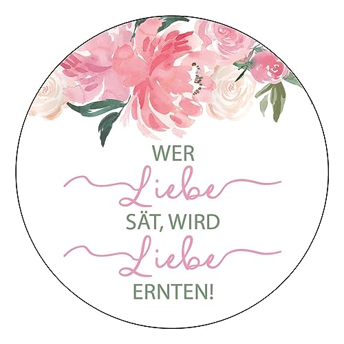 Schokoladenseite 48 x Aufkleber Blumensamen - Wer Liebe sät - 40 mm, Design Rosa 175417, Sticker geeignet für Hochzeit Gastgeschenk Taufe Kommunion Geburtstag Feste Geschenke von Schokoladenseite