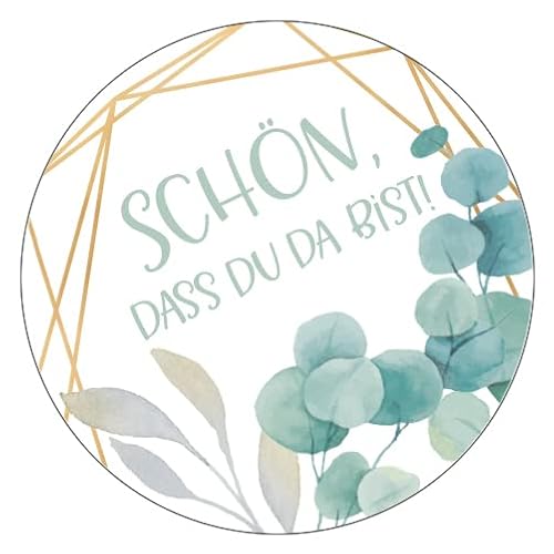 Schokoladenseite 48 x Aufkleber Schön dass du da bist - 40 mm, Design Eukalyptus 19050440, Sticker geeignet für Hochzeit Gastgeschenk Taufe Kommunion Geburtstag Feste Geschenke von Schokoladenseite