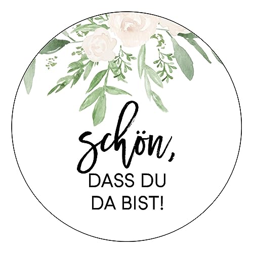 Schokoladenseite 48 x Aufkleber Schön dass du da bist - 40 mm, Design Greenery 174420, Sticker geeignet für Hochzeit Gastgeschenk Taufe Kommunion Geburtstag Feste Geschenke von Schokoladenseite