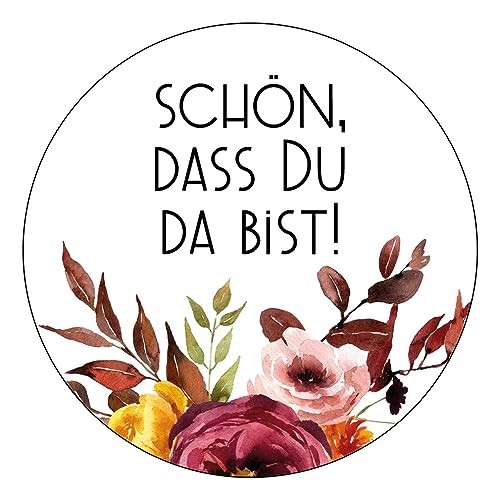 Schokoladenseite 48 x Aufkleber Schön dass du da bist - 40 mm, Design Herbst Bordeaux 19080440, Sticker geeignet für Hochzeit Gastgeschenk Taufe Kommunion Geburtstag Feste Geschenke von Schokoladenseite