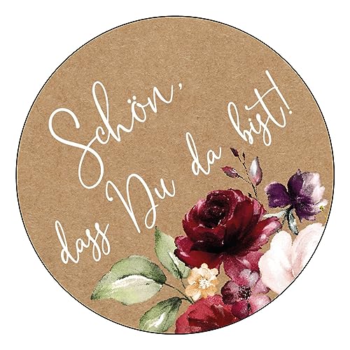 Schokoladenseite 48 x Aufkleber Schön dass du da bist - 40 mm, Design Vintageflower 19040440, Sticker geeignet für Hochzeit Gastgeschenk Taufe Kommunion Geburtstag Feste Geschenke von Schokoladenseite