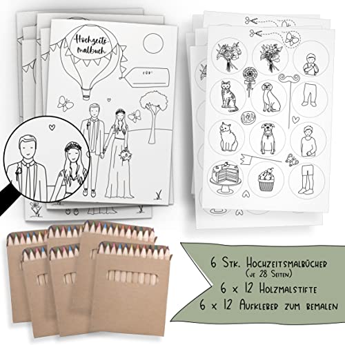 Schokoladenseite 6er Set: Hochzeitsmalbuch mit verschiedenen Brautpaar Designs und bemalbaren Aufklebern! 6 Malbücher für Kinder mit Stiften und je 12 Aufkleber. (C+K, mit Stiften) von Schokoladenseite