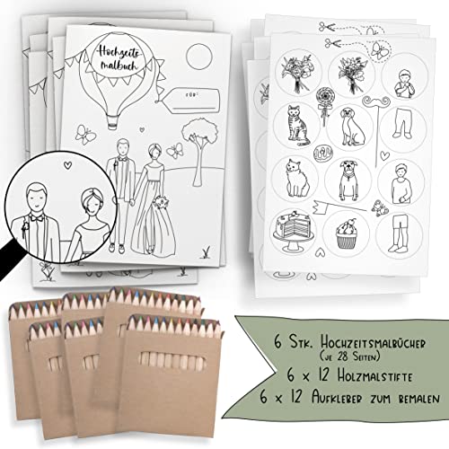 Schokoladenseite 6er Set: Hochzeitsmalbuch mit verschiedenen Brautpaar Designs und bemalbaren Aufklebern! 6 Malbücher für Kinder mit Stiften und je 12 Aufkleber. (K+S, mit Stiften) von Schokoladenseite