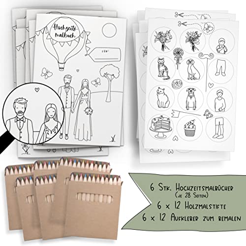 Schokoladenseite 6er Set: Hochzeitsmalbuch mit verschiedenen Brautpaar Designs und bemalbaren Aufklebern! 6 Malbücher für Kinder mit Stiften und je 12 Aufkleber. (P+K, mit Stiften) von Schokoladenseite