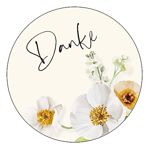 Schokoladenseite 48 x Aufkleber Danke - 40 mm, Design Sunnyflower Natural 39060140, Sticker geeignet für Hochzeit Gastgeschenk Taufe Kommunion Geburtstag Feste Geschenke von Schokoladenseite