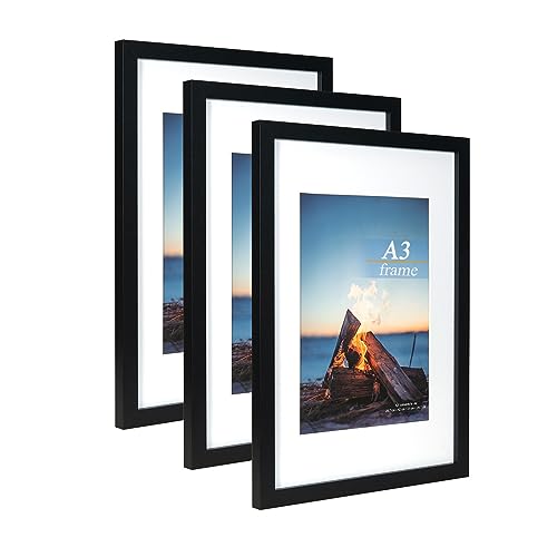 Schwarzer Bilderrahmen aus Holz, A3 mit Passepartout, 3 Stück, Halterung für A4-Bilder oder Zertifikate, Wandmontage von Scholar Tree