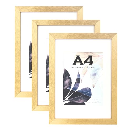 Goldener Holz-Bilderrahmen, A4, mit Passepartout, 3er-Set, A4-Rahmen, A4-Bilderrahmen, A4-Posterrahmen, A4-Urkundenrahmen, freistehend und zur Wandmontage Goldener Holz-Bilderrahmen, A4, mit Passepartout, 3er-Set, A4-Rahmen, A4-Bilderrahmen, A4-Posterrahmen, A4-Urkundenrahmen, freistehend und zur Wandmontage von Scholartree