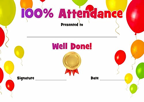 School Stickers A5 100% Attendance Award Zertifikat - Luftballons von School Stickers