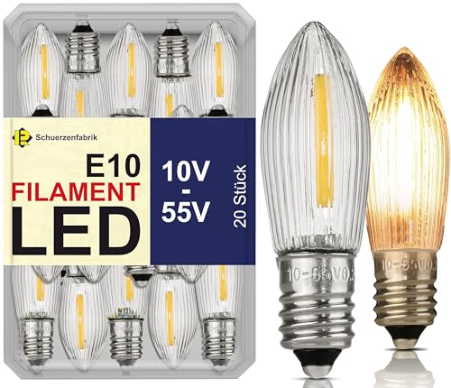 20x LED E10 Spitzkerzen 10V - 55V 0.2W 2200K Universal Ersatzbirnen Filament LED Topkerzen für Lichterkette und LED Schwibbbogen von Schuerzenfabrik